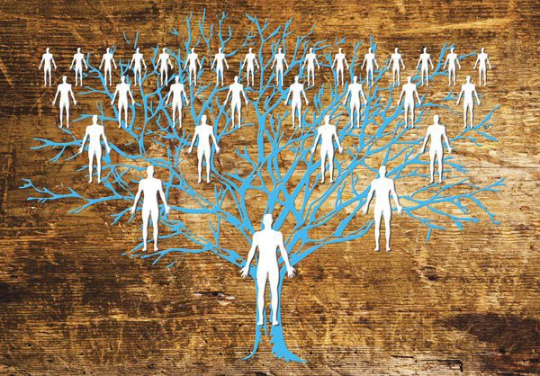 blue tree with white figures - wooden background - family tree concept - family